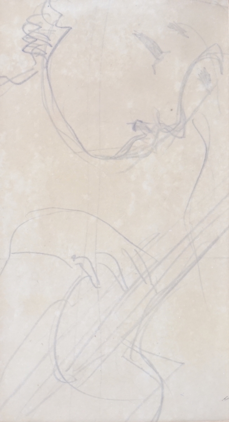 Pierre Bonnard (French, 1867-1947), pencil sketch, 'Femme jouant d'un instrument' c.1893, Victor Waddington label verso, 13.3 x 7cm